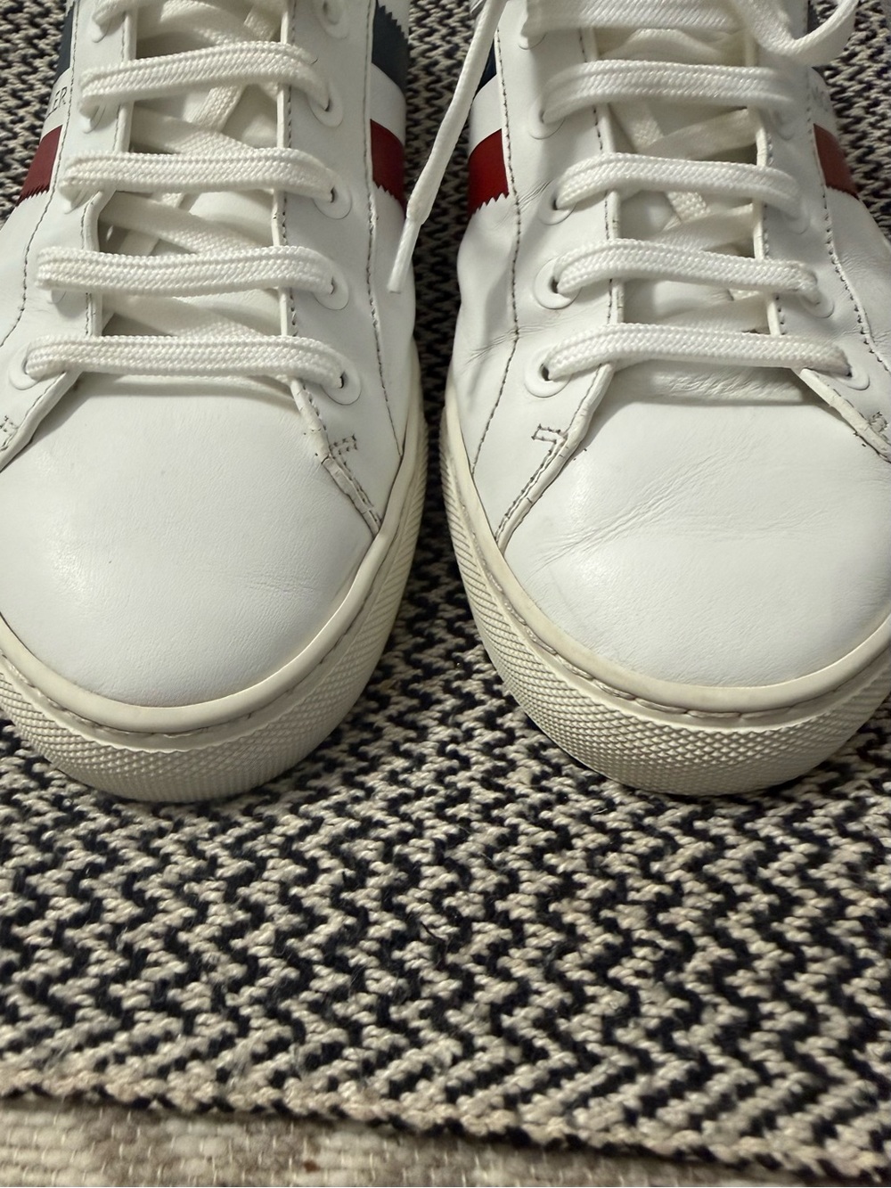 Moncler Ariel Low Top White Leather Sneakers with Red & Blue Accents - Picture 5 of 10